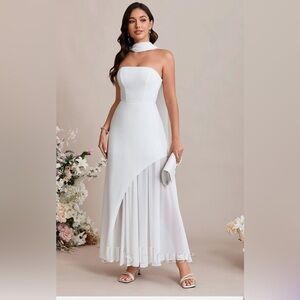 JJ House Classy White Mermaid Chiffon Satin Maxi Dress NWT size small